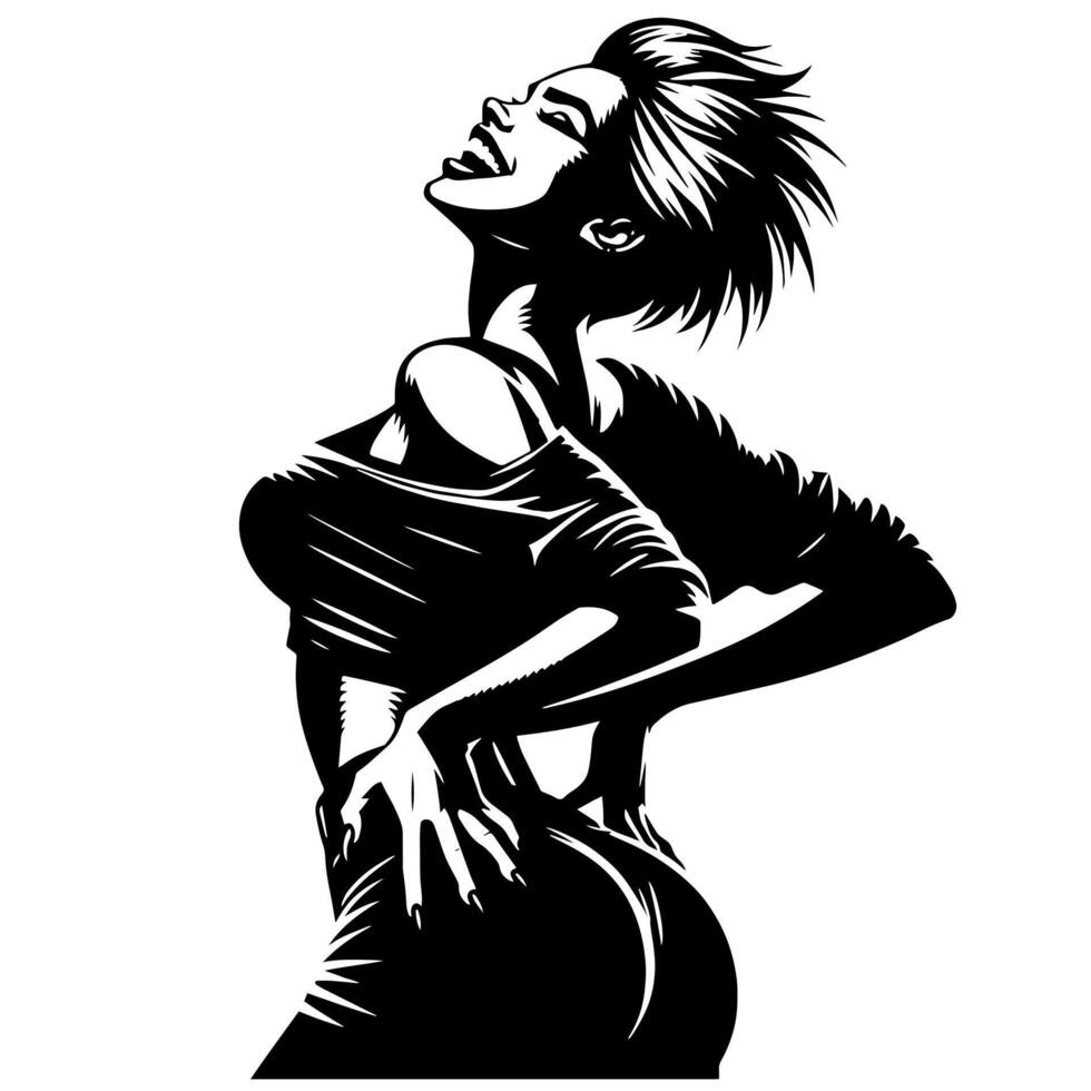 Black and White Illustration of a punk Woman is dancing and shaking in a Successful Pose vector