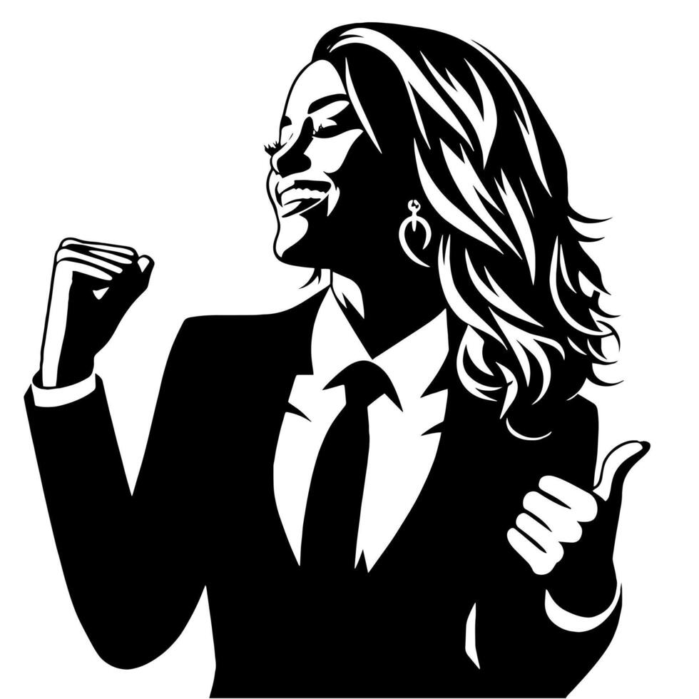 Black and White Illustration of a Woman in Business Suit is dancing and shaking in a Successful Pose vector