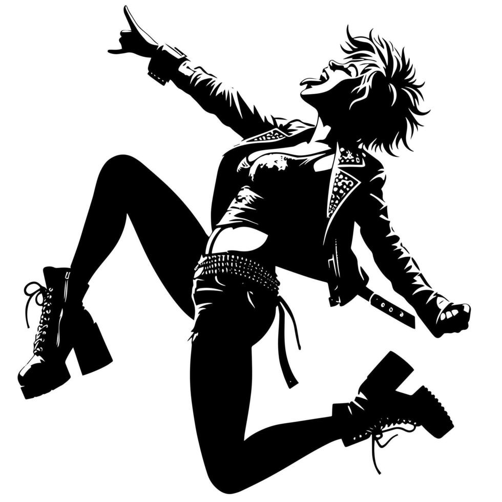 negro y blanco ilustración de un punk mujer es bailando y sacudida en un exitoso actitud vector