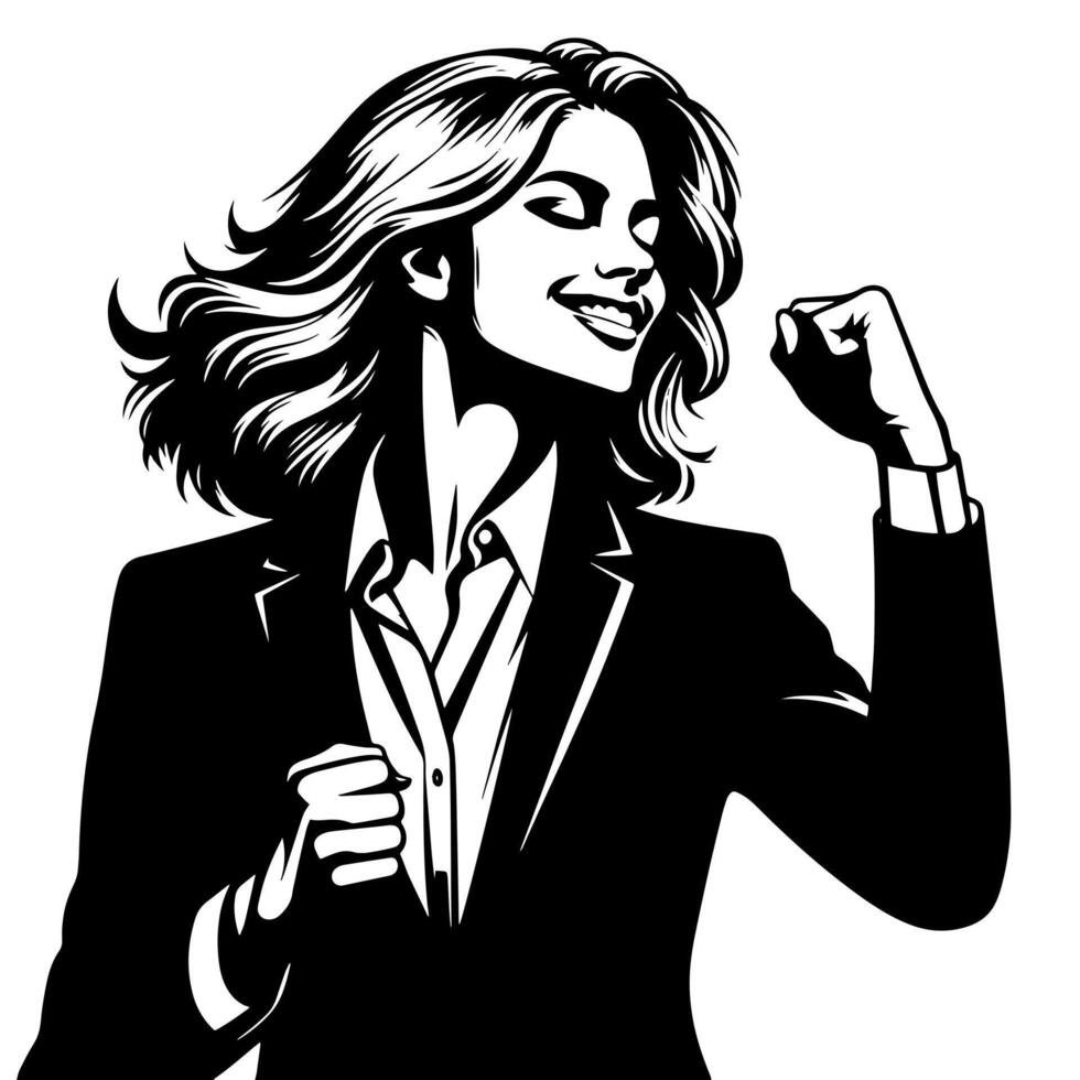 Black and White Illustration of a Woman in Business Suit is dancing and shaking in a Successful Pose vector