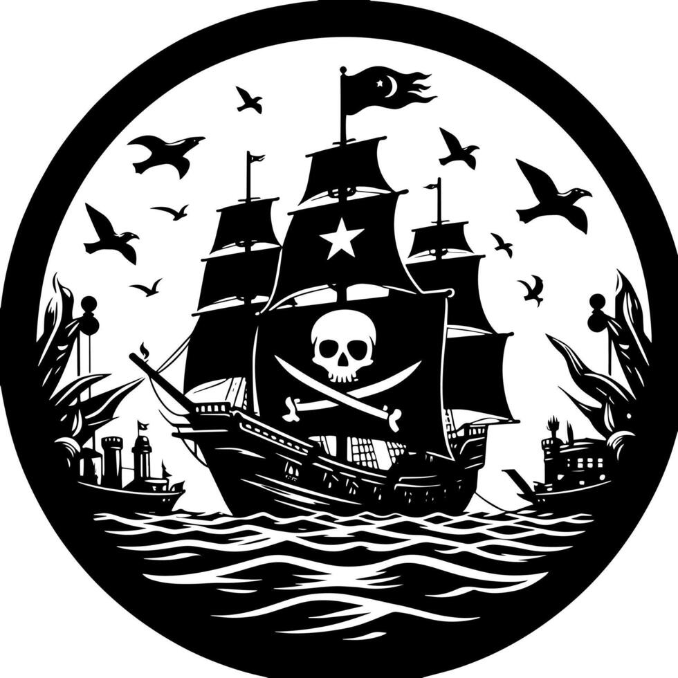 Black and White Illustration of pirate ship vector