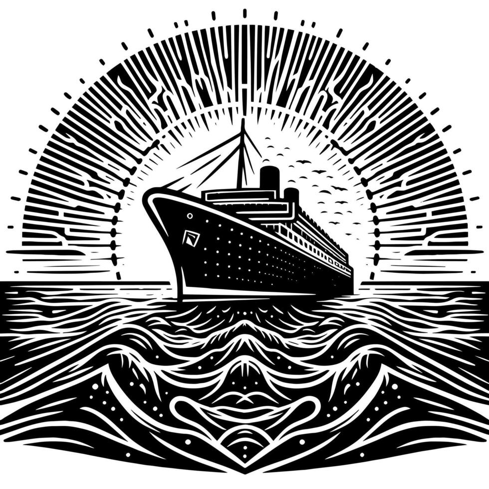 Black and White Illustration of a ocean liner at the sea vector