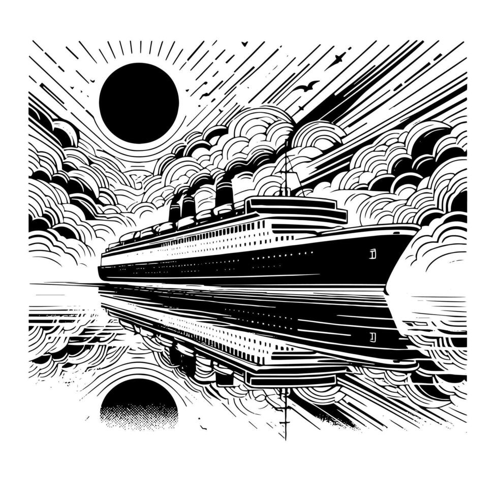 Black and White Illustration of a ocean liner at the sea vector