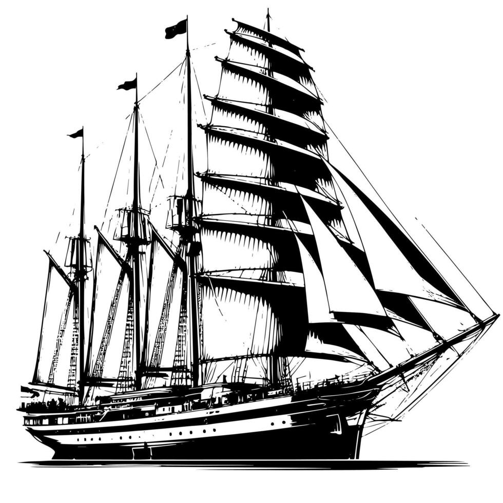 Black and White Illustration of a traditional old sailing ship vector