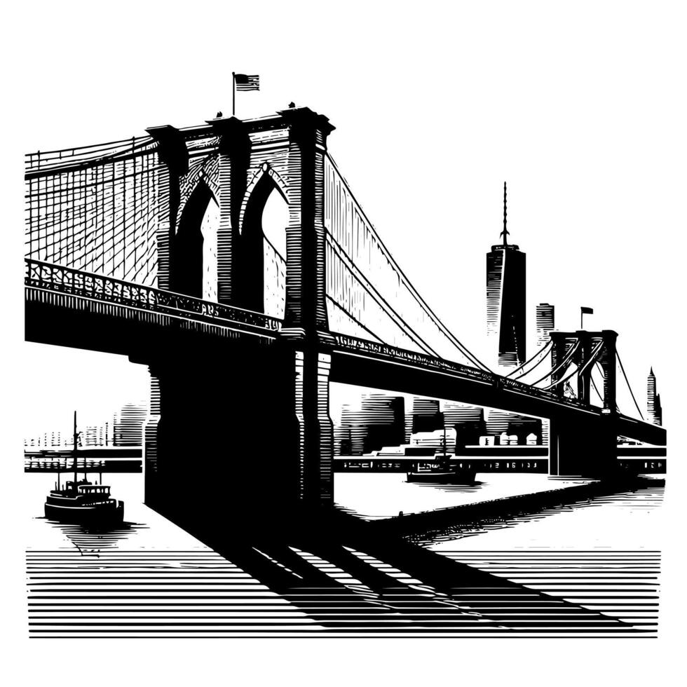 Black and White Illustration of Brooklyn Bridge in New York City Manhattan vector