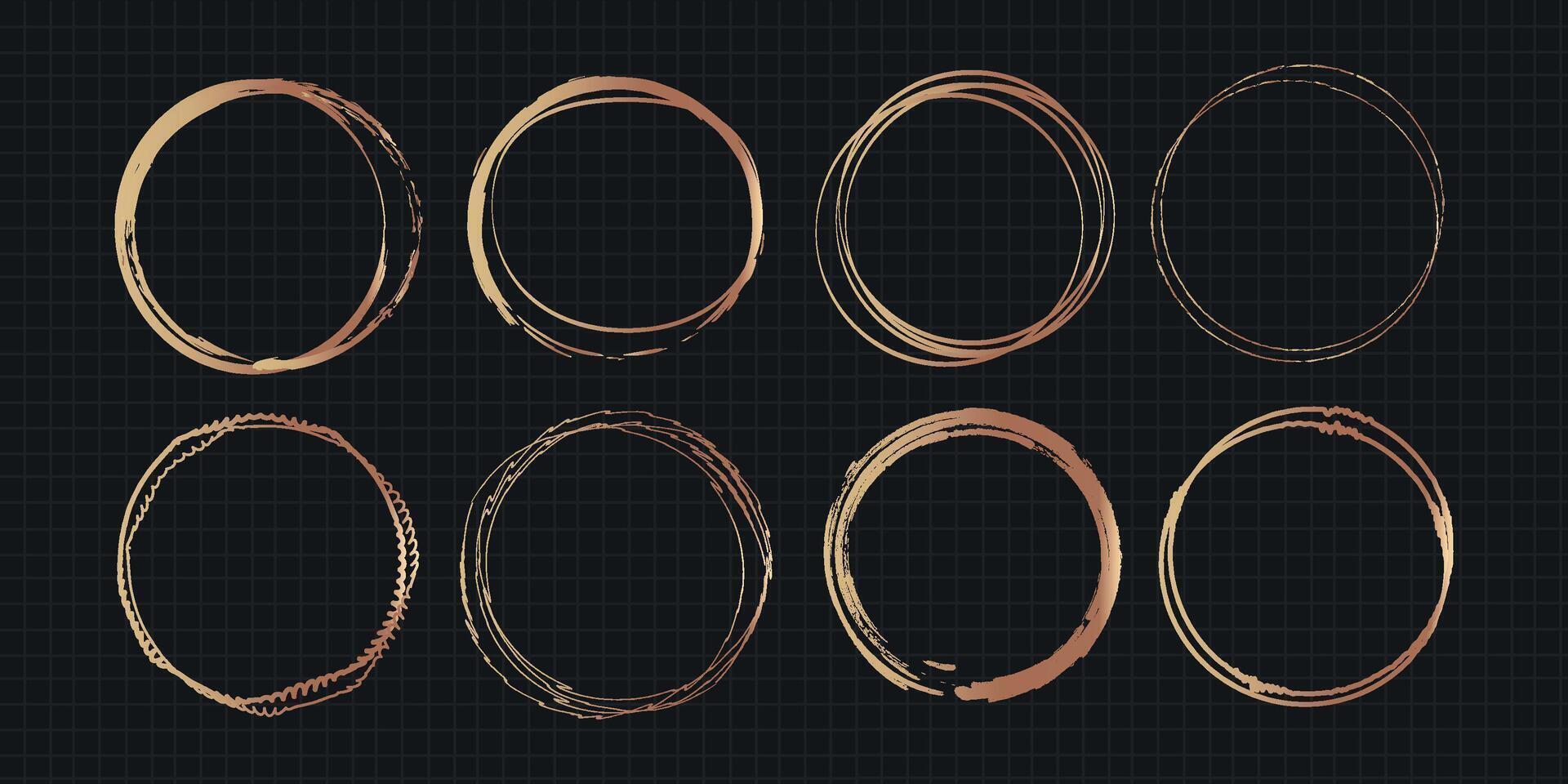 Set, collection of golden round circle grunge frames vector