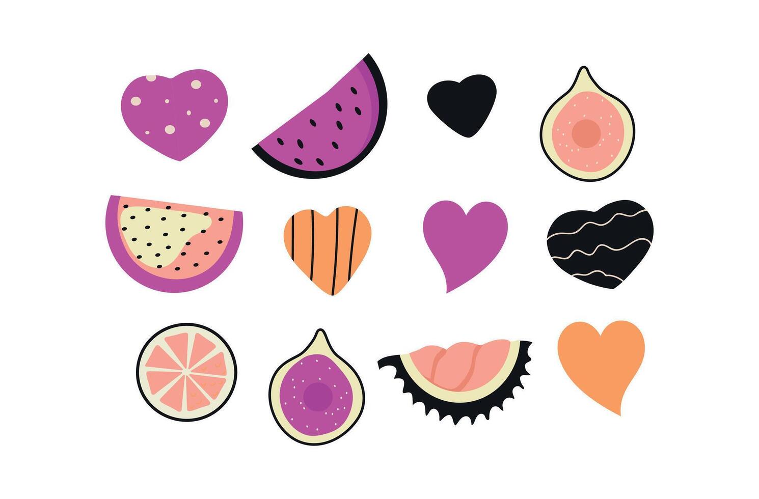 Set of Hearts and tropical fruits slices hand drawn doodle icons cliparts illustration collection vector