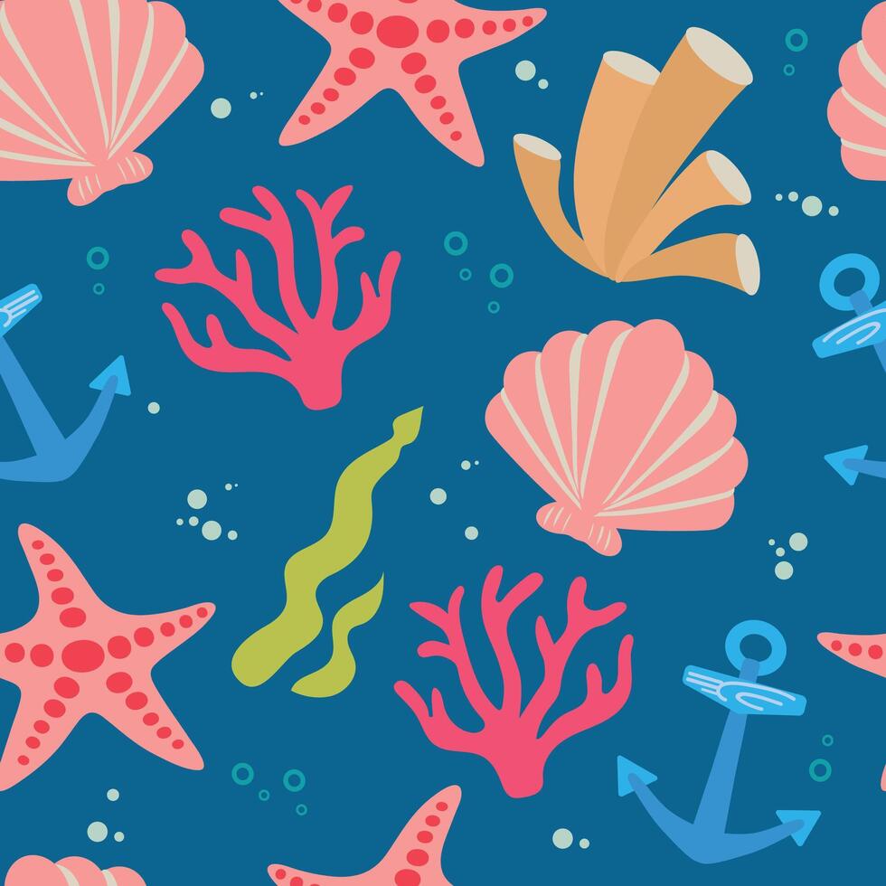 Seamless sea ocean pattern with corals, algae, anchor, star fish, sea shell vector