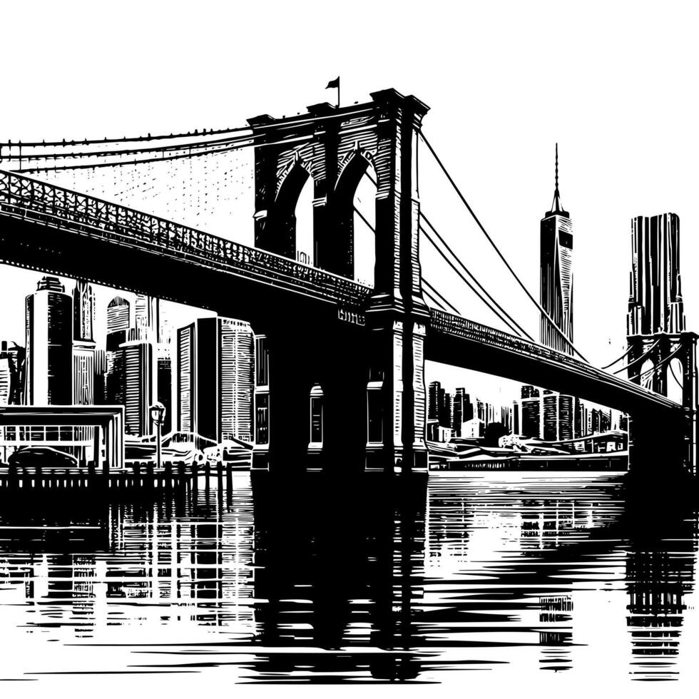 Black and White Illustration of Brooklyn Bridge in New York City Manhattan vector