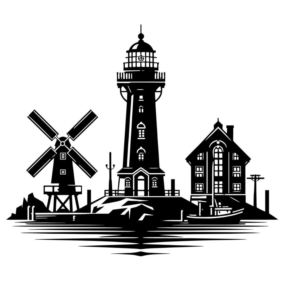 Black and White Illustration of a traditional old Lighthouse on the rocks vector