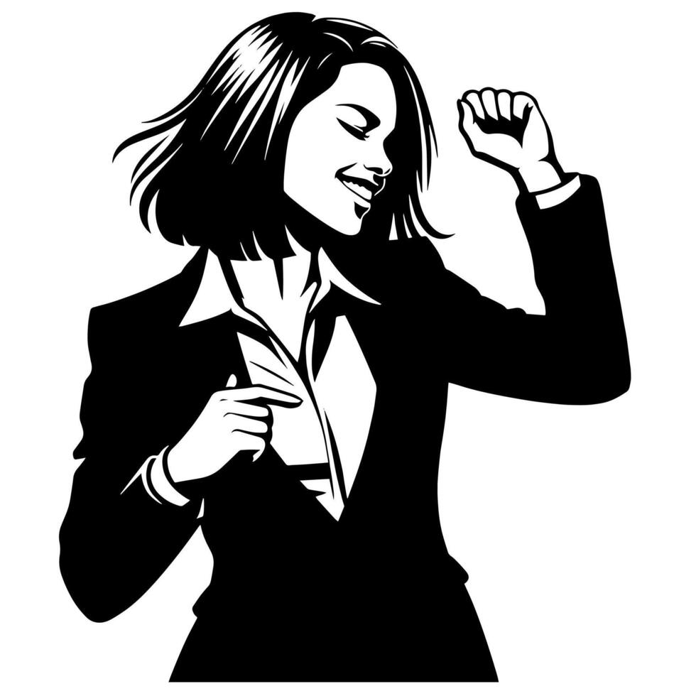 Black and White Illustration of a Woman in Business Suit is dancing and shaking in a Successful Pose vector