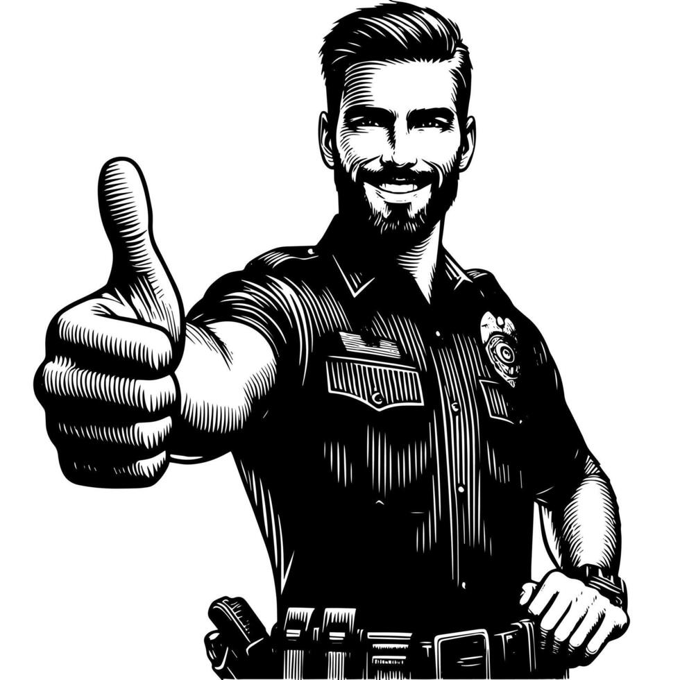negro y blanco ilustración de un policía oficial quien es demostración el pulgares arriba firmar vector
