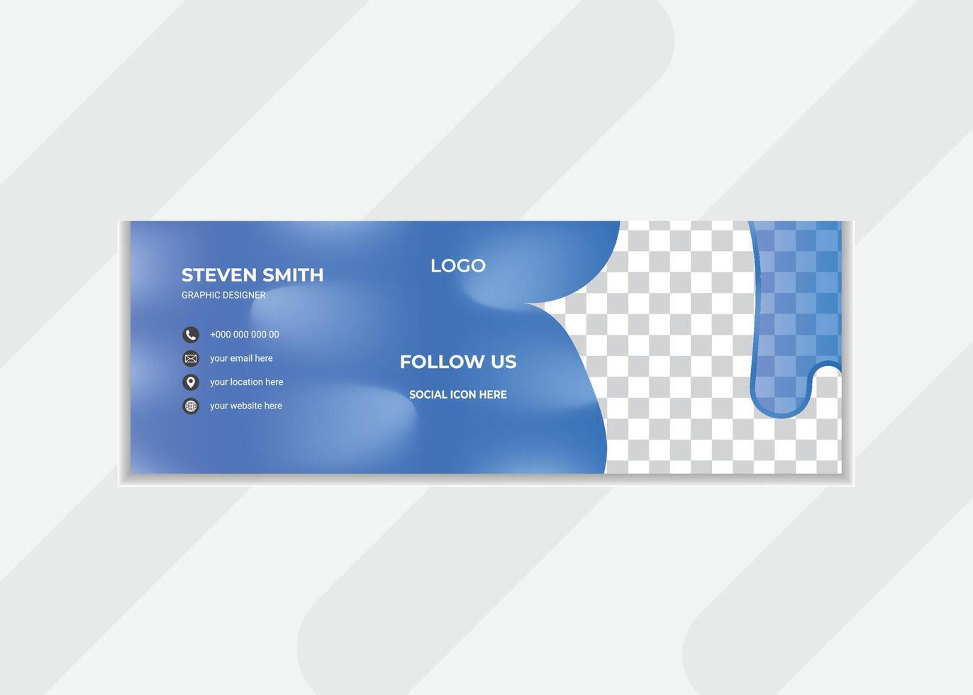 Modern email signature design template with blue esthetic background. Clickable signature design with unique shapes combinations. vector
