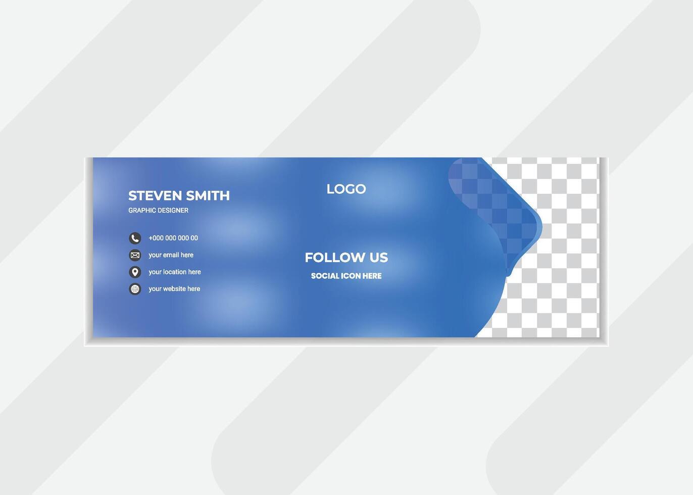 Modern email signature design template with blue esthetic background. Clickable signature design with unique shapes combinations. vector
