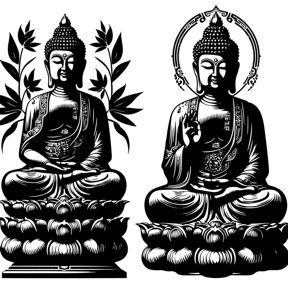 Black and White Illustration of a Buddha Statue Symbol vector