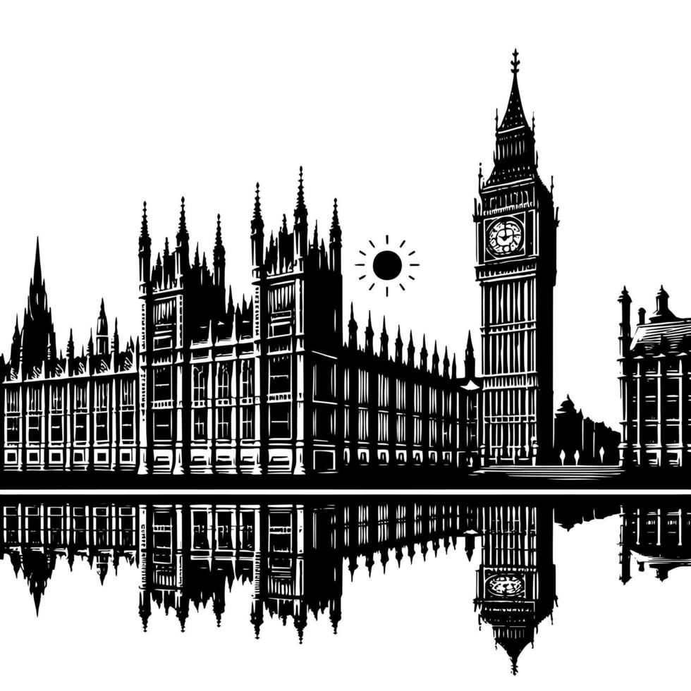 Black and White Illustration of Big Ben Tower in London vector