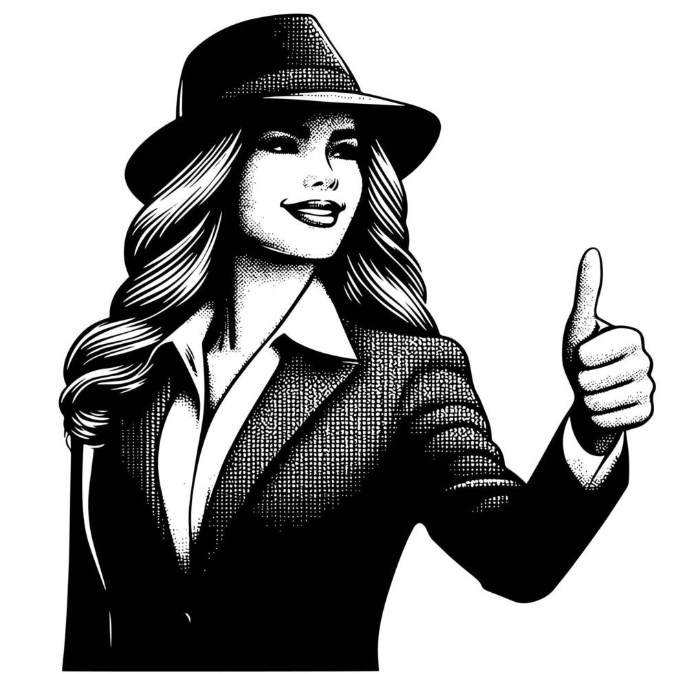 Black and White Illustration of a Woman in Business Suit is showing the Thumbs up Sign vector