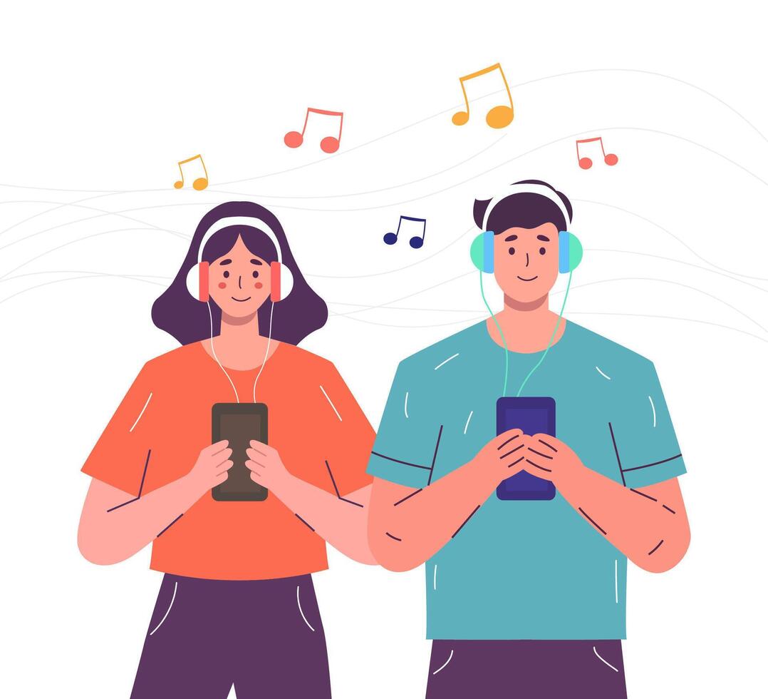 man and woman are wearing headphones, listening to songs, music rhythm.flat design on isolated white background vector