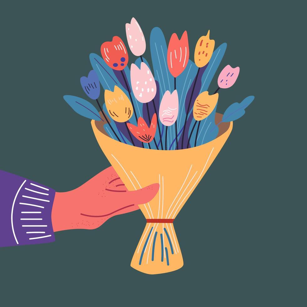 woman's hand holding Bouquet of flowers, giving flowers, a form of affection isolated on green background vector