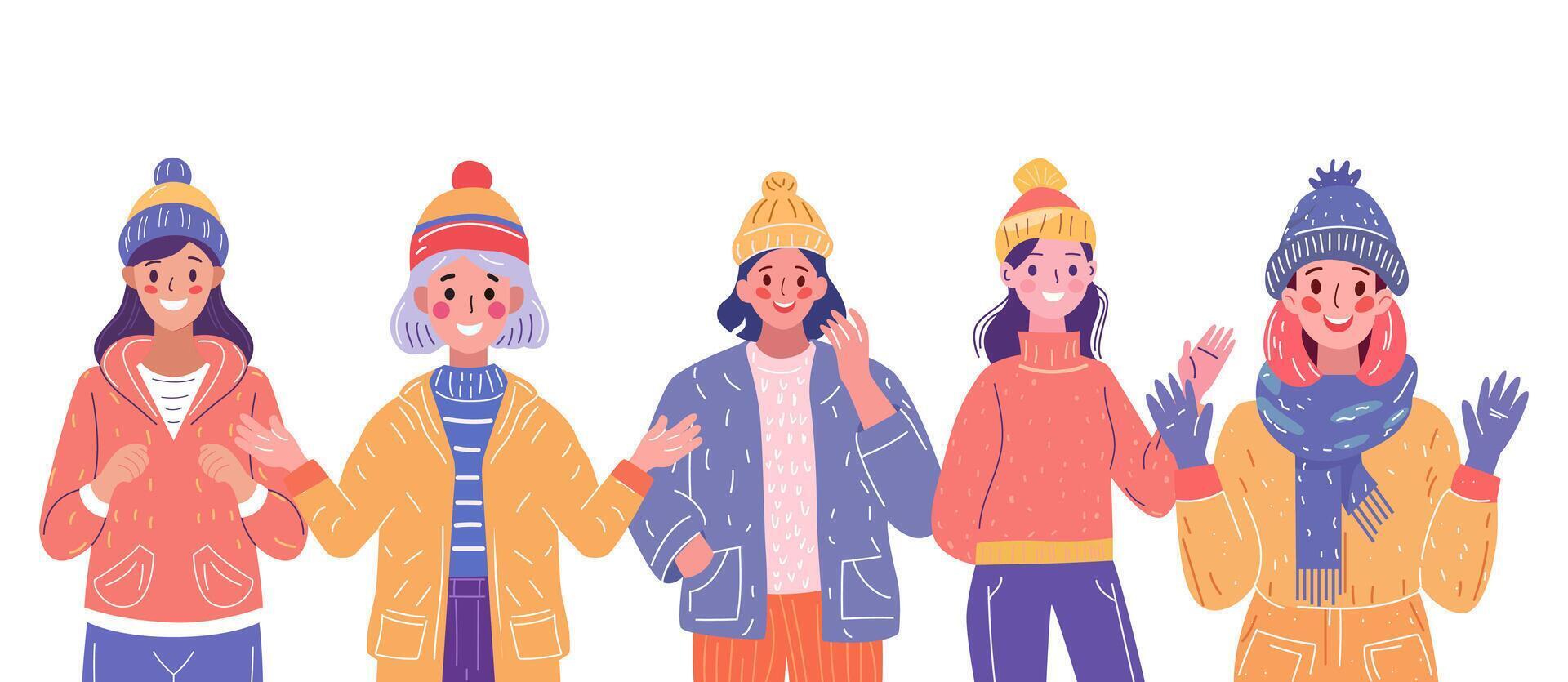 women wearing winter clothes with different movements,classy colorful street style outerwear female isolated vector