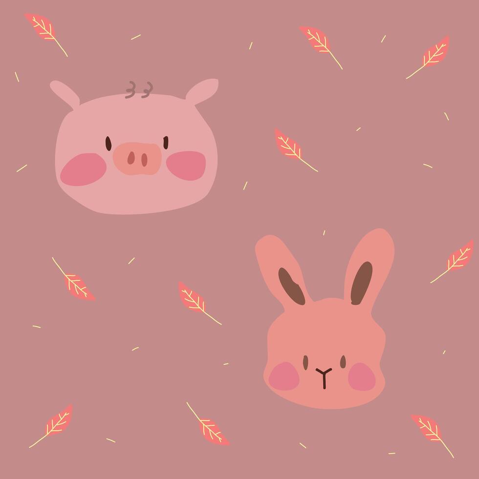 Cute Pig and Bunny Faces on Earthy Background vector