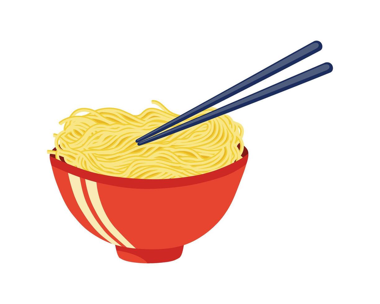 Noodles ramen in a bowl with chopsticks. Oriental asian food. vector