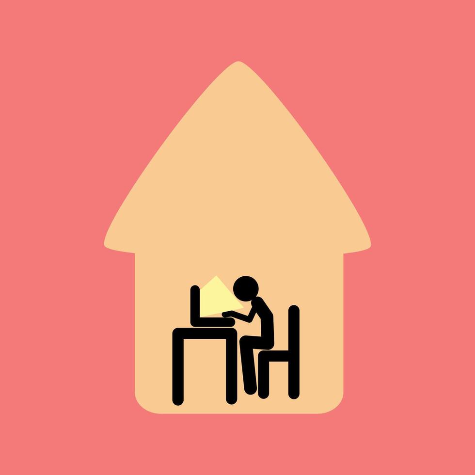 Remote Work Concept - Minimalist Icon of Person Working on Computer at Home vector