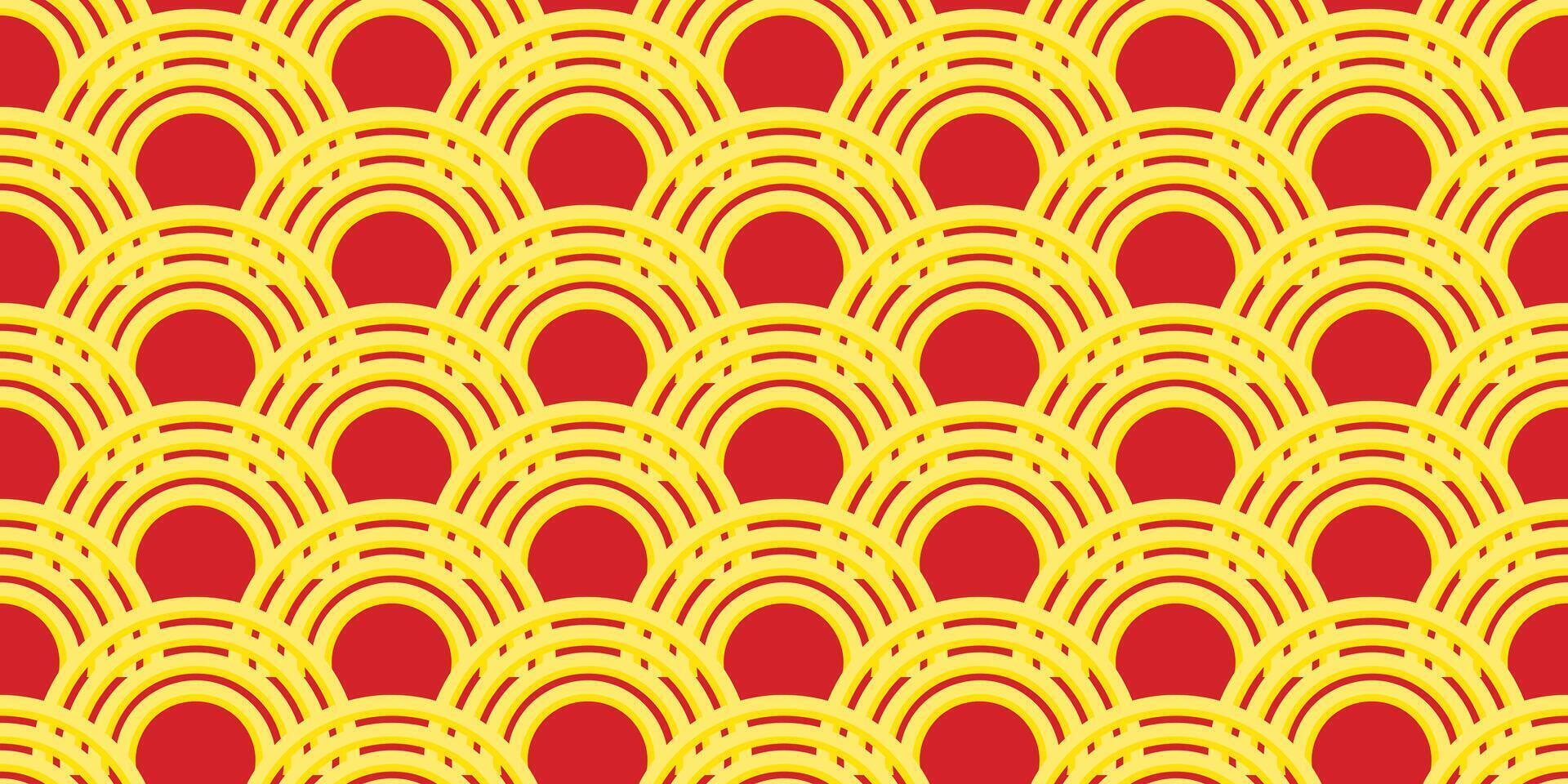 Ramen noodle background. Japanese pattern seigaiha. Yellow waves on red. vector