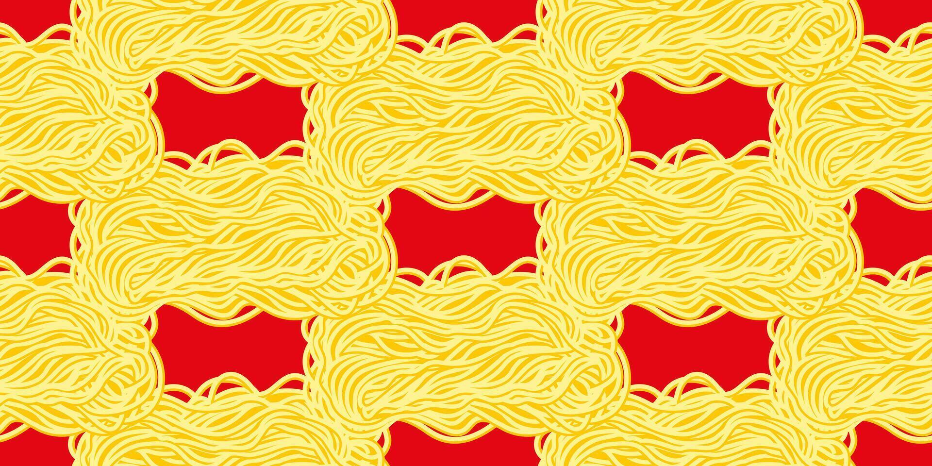 Yellow ramen noodles, spaghetti on a red background. Seamless pattern with pasta. Wavy texture with noodles. vector