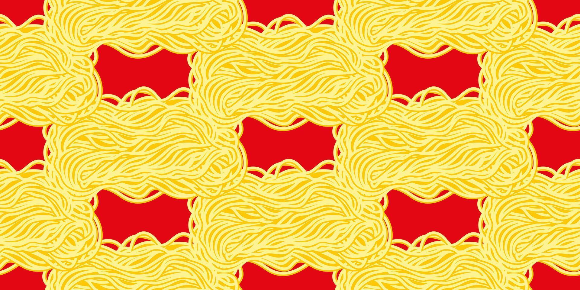 Yellow ramen noodles, spaghetti on a red background. Seamless pattern with pasta. Wavy texture with noodles. vector