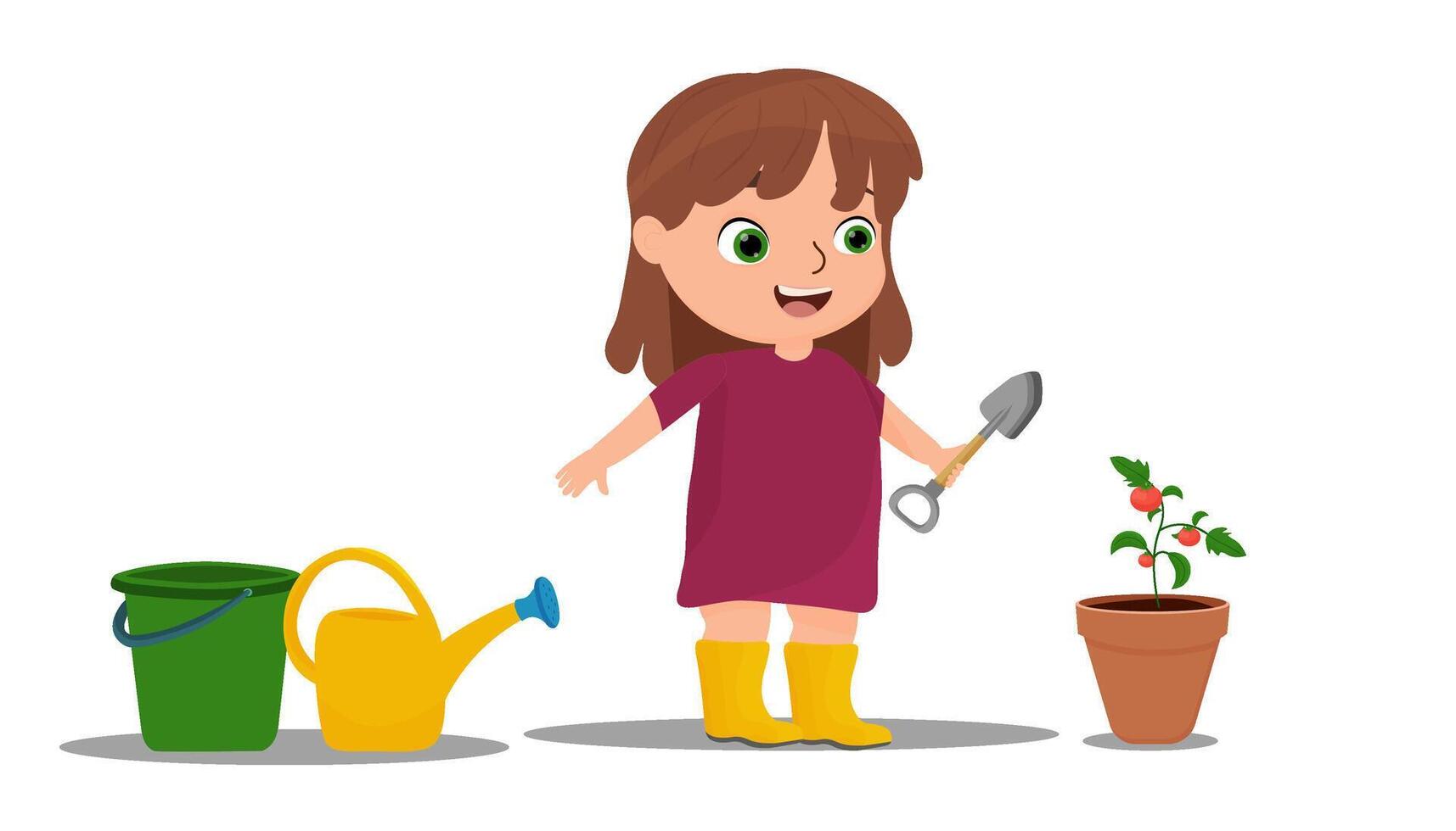 a cute little girl takes care of tomatoes. farmer, gardener. Cute girl, tomato in a pot, watering can, bucket, spatula. vector