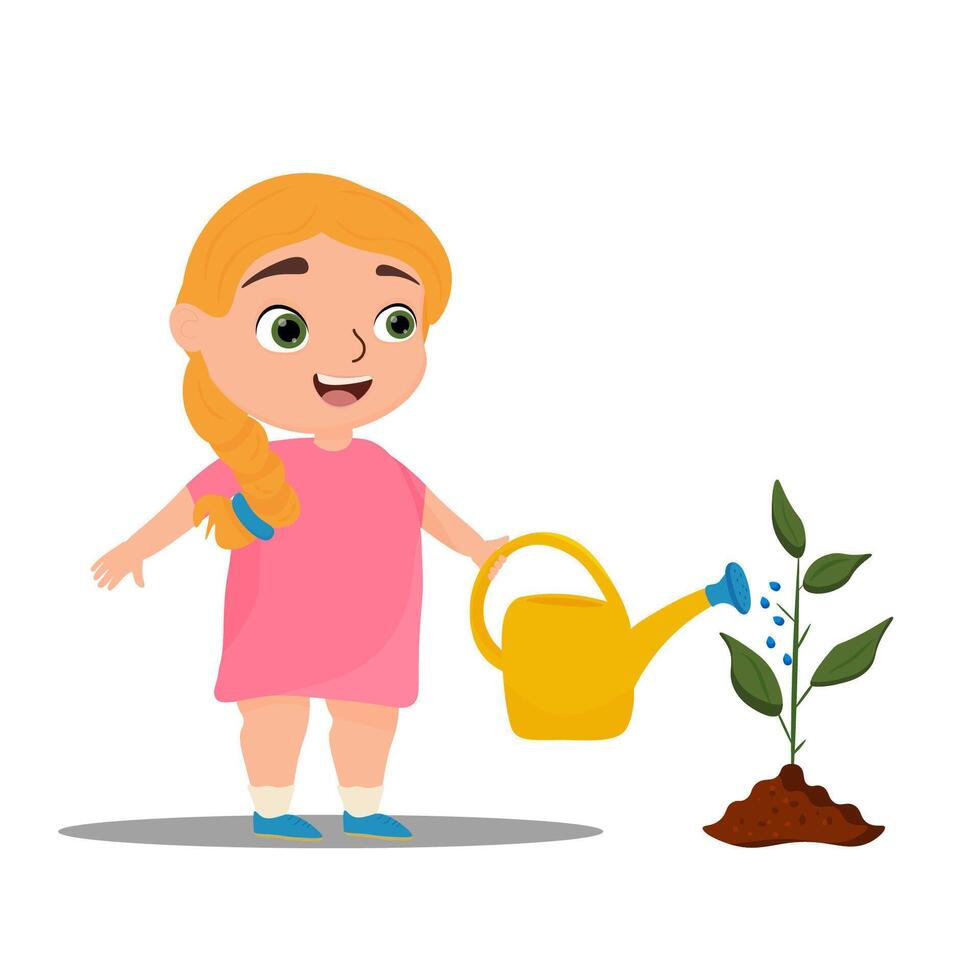 pequeño niña toma cuidado de su planta. agricultor, jardinero. vector