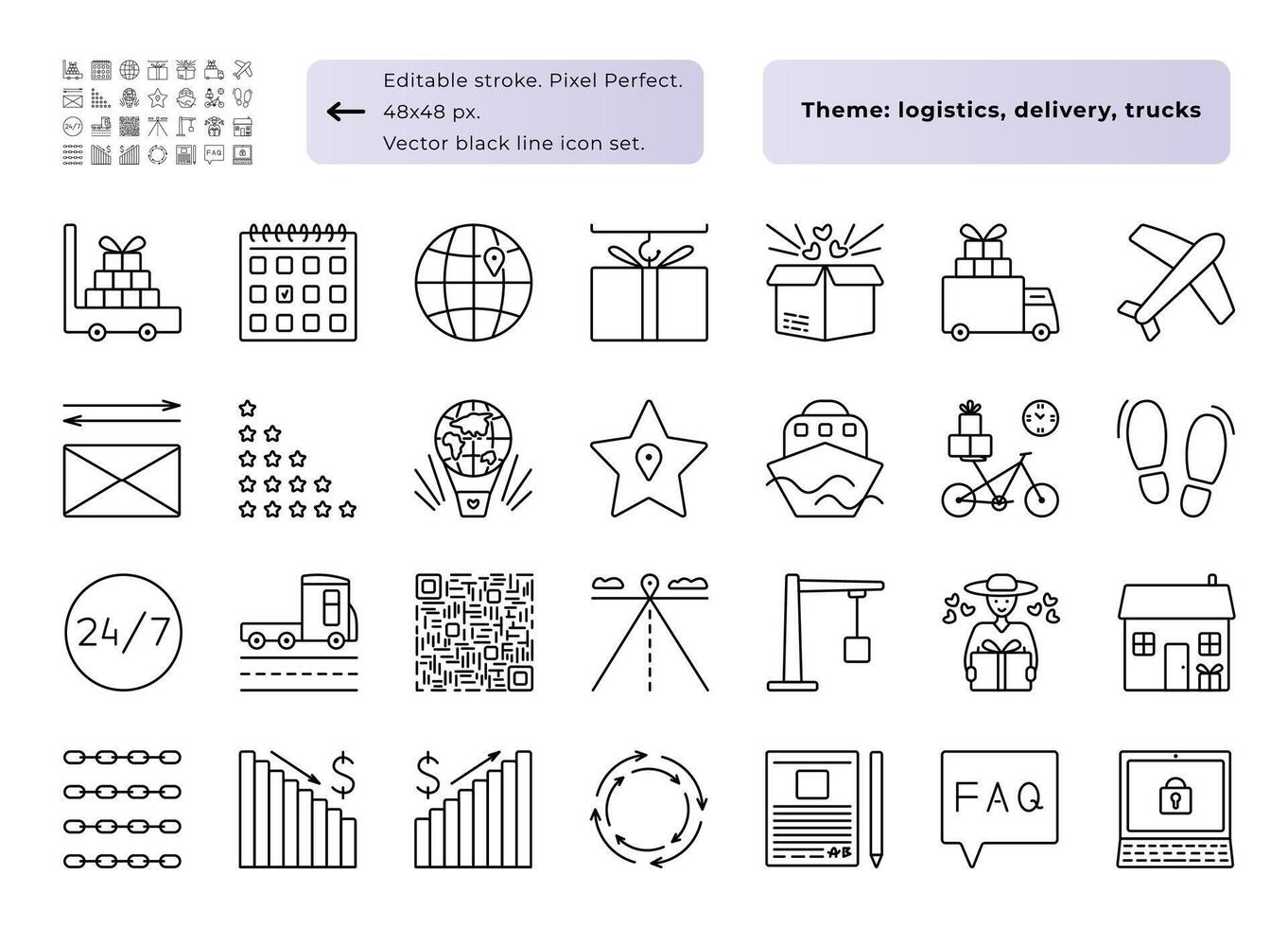 Logistics and cargo. Black line icon set, 28 signs 48x48 px editable stroke, pixel perfect and 300x300 px not editable stroke, pixel perfect vector