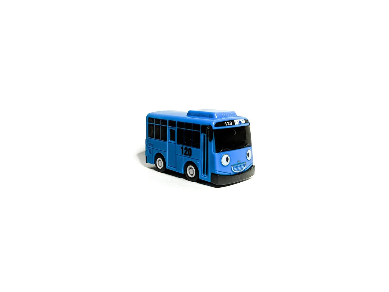 isolated image of a blue toy bus. shot from the side photo