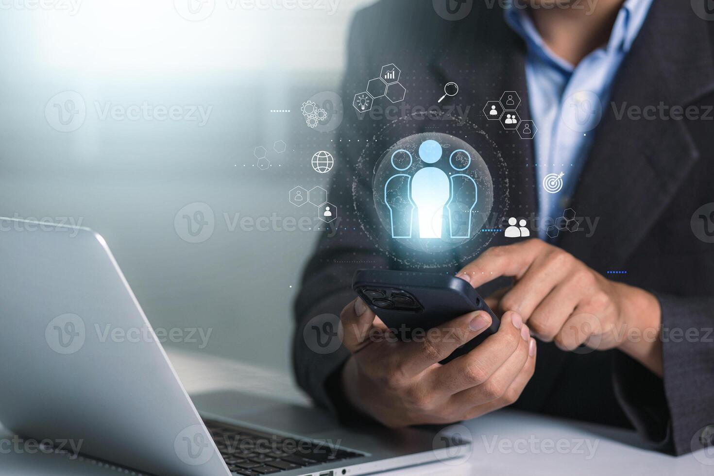 Human resource management, HR, recruitment, leadership and team building. Businessman holding on virtual screen with customer service and support team for quality. photo