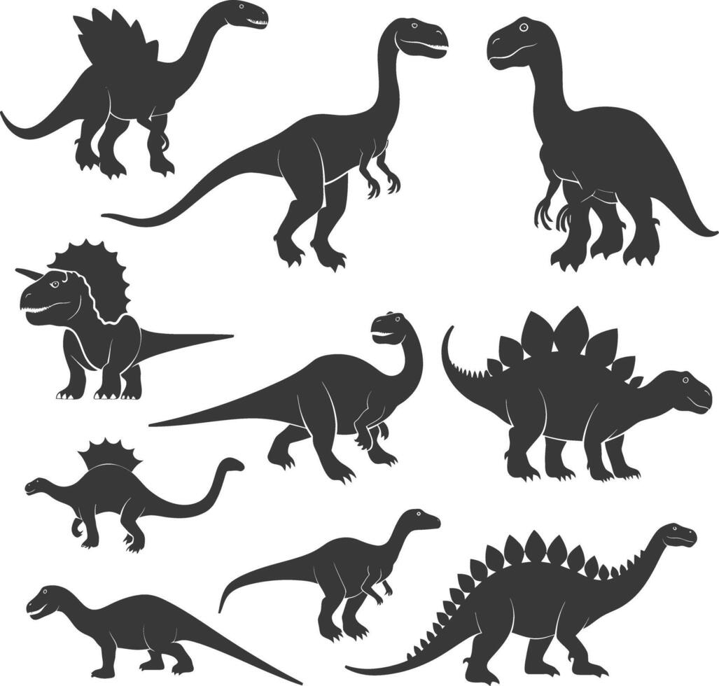 silueta prehistórico dinosaurio varios negro color solamente vector