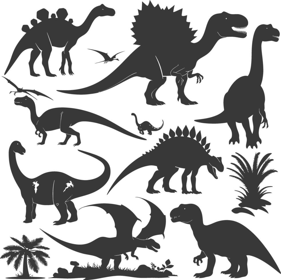 Silhouette Prehistoric Dinosaur Various black color only vector