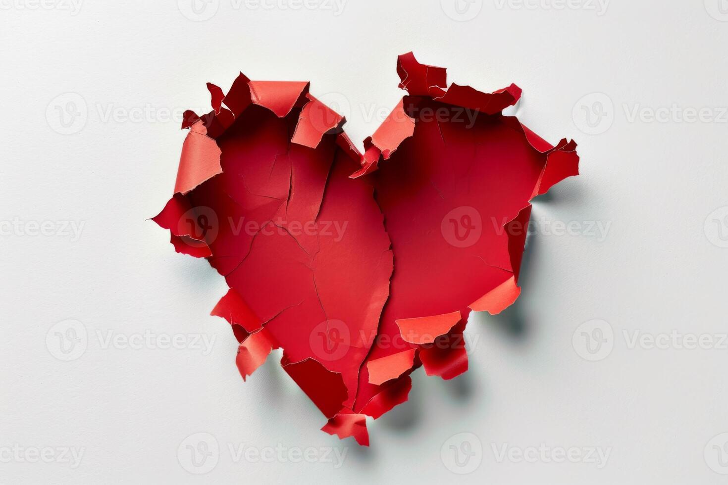 Heart shaped red hole torn through paper, isolated on white background photo