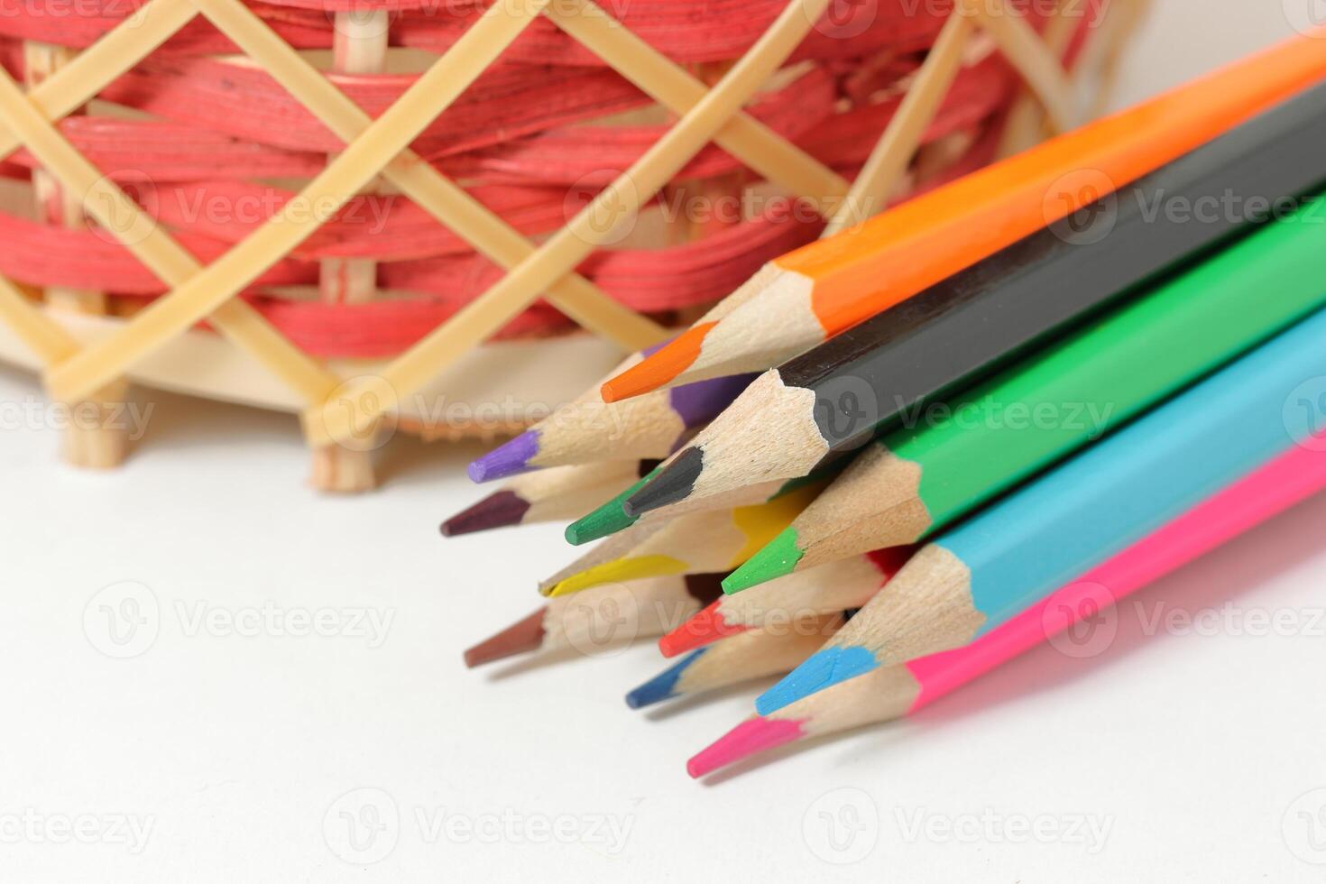 Color pencils isolated on white background.Close up. Drawing supplies, assorted color pencils, photo
