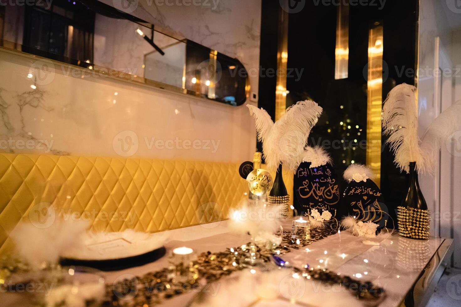 Birthday, party in restaurant, Glasses, candle, Banquet, balloons in restaurant, New year decoration, Christmas, xmas, celebration, family, business, diner in the cafe, shallow focus, holiday photo