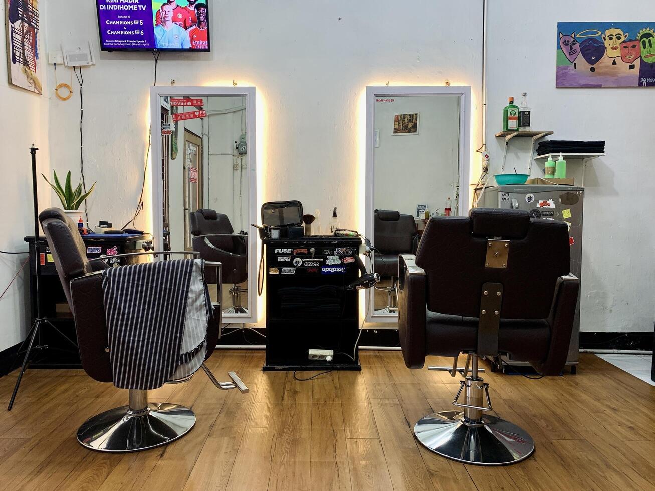 a room with a classic haircut bench photo