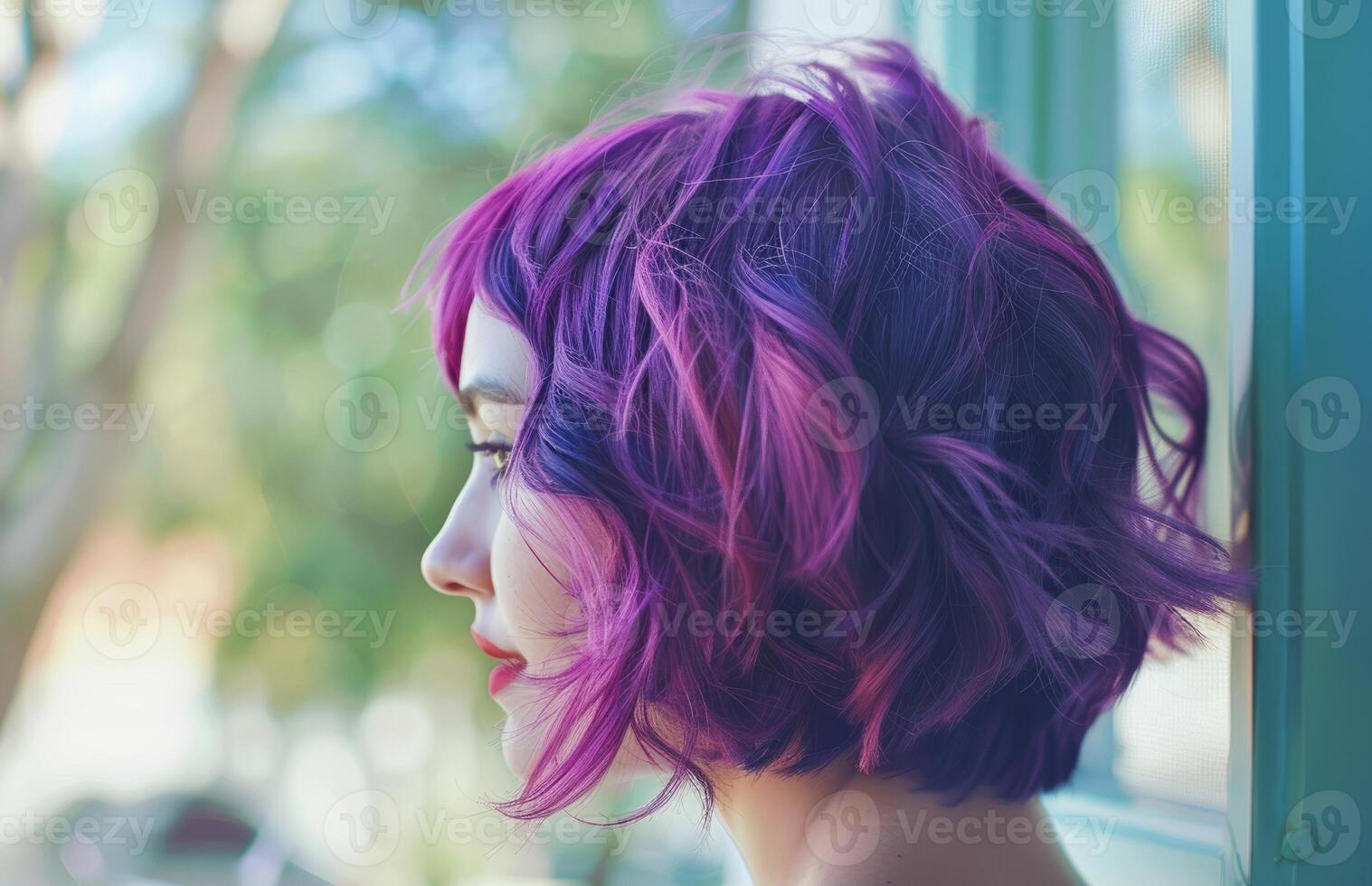 Smiling Young Woman With Purple Hair During Golden Hour Outdoors photo