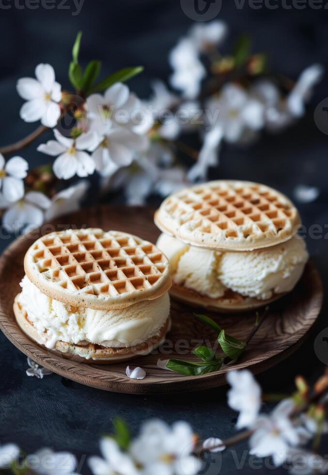 Vanilla Ice Cream Sandwiches With Sugary Cookies on a Wooden Plate Amidst Blossoming Branches photo