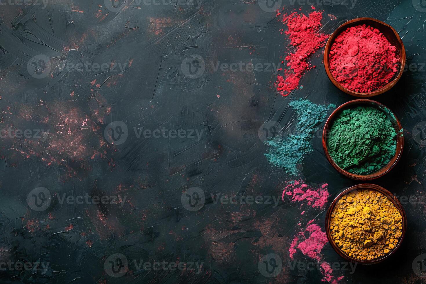 Vibrant Assortment of Holi Festival Colors in Wooden Bowls on a Dark Background photo