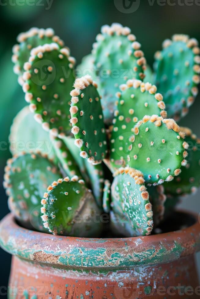 vibrante cactus racimo en terracota maceta capturado a cerca rango en luz foto