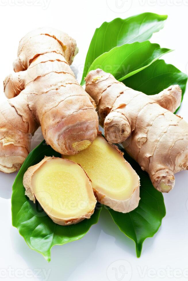 Fresh Ginger Root With Green Leaves on a White Background photo