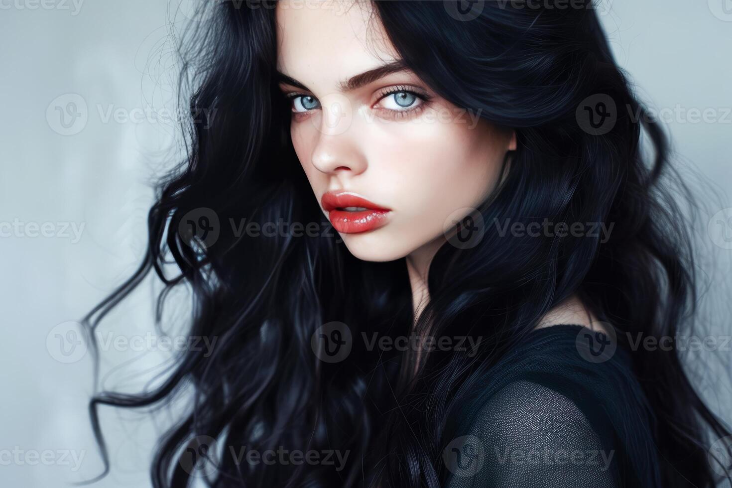 Portrait of a Young Woman With Striking Blue Eyes and Dark Hair photo