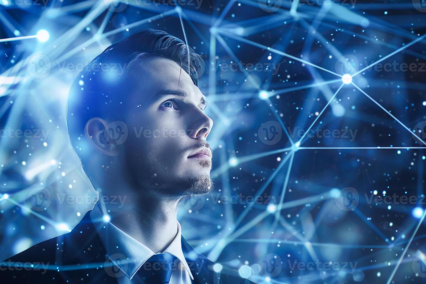 Contemplative Businessman Surrounded by Cosmic Constellations Signifying Innovation and Strategy photo