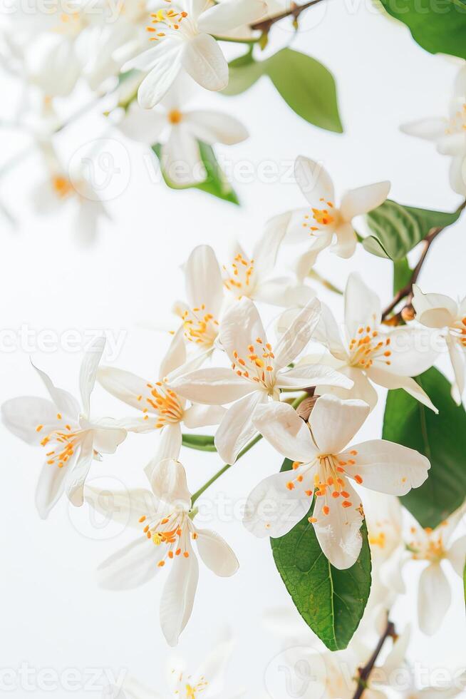 de cerca de blanco y amarillo flores con verde hojas en brillante luz foto