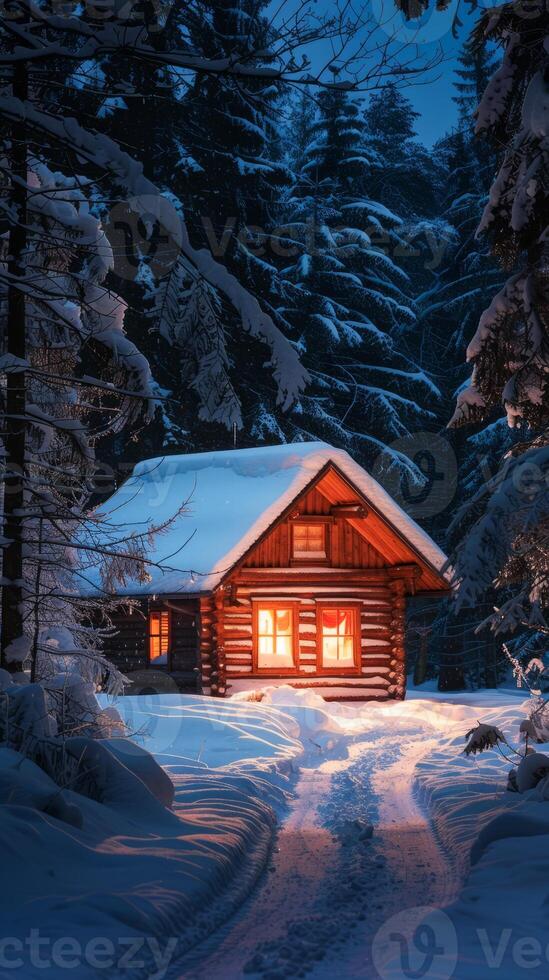Snow-Covered Cabin Illuminated at Dusk in a Serene Winter Forest photo